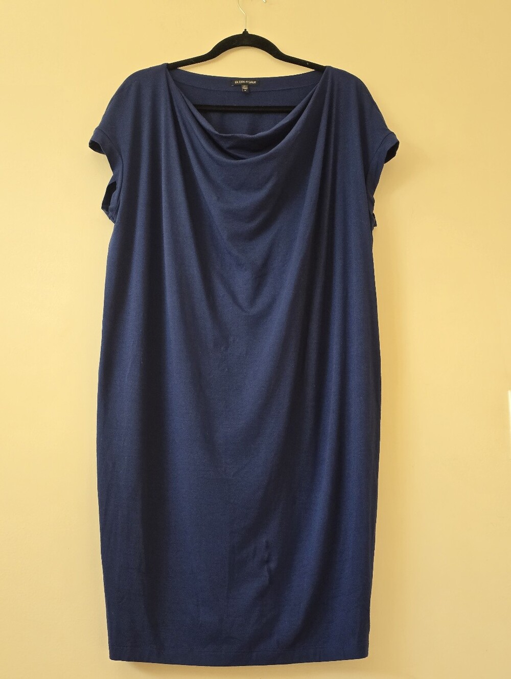 Eileen Fisher Navy Blue Draped Cowl Neck Dress Cap Sleeves Knee Length SzM